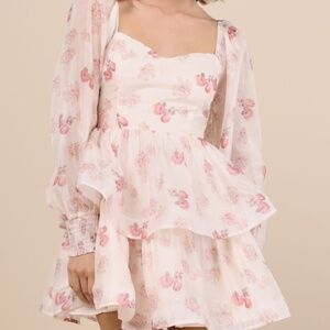 Lulus Exemplary Darling Blush Pink Floral Organza Tiered Mini Dress - Size L